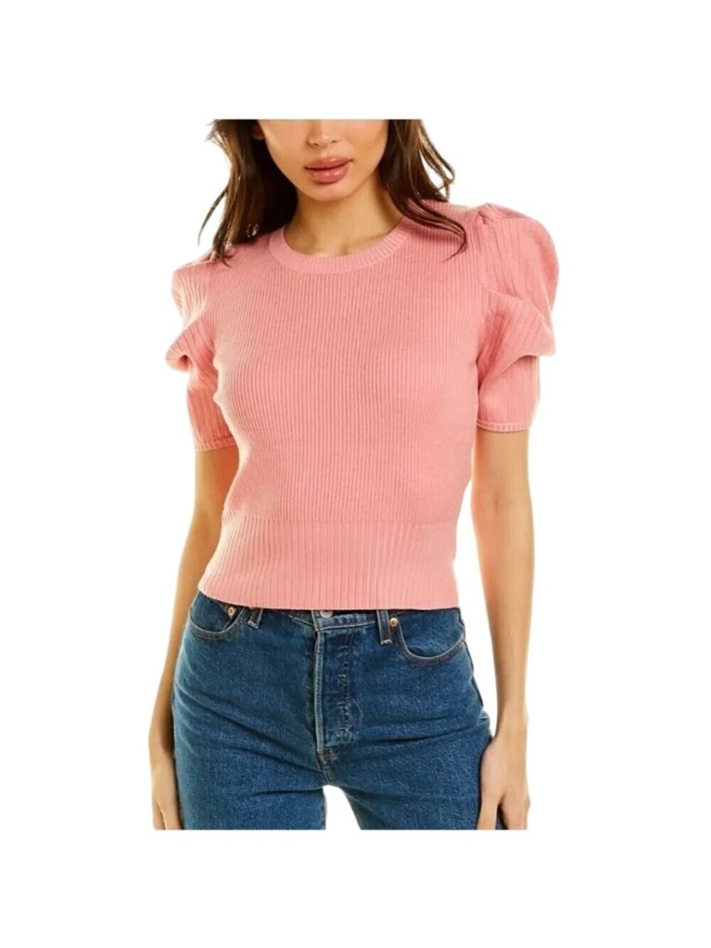 Lumière Sweater Top Small Crewneck Ribbed Knit Puff Sleeve Pink Modern Preppy